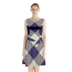 Dark Blue And White Diagonal Plaids Sleeveless Waist Tie Chiffon Dress by ConteMonfrey