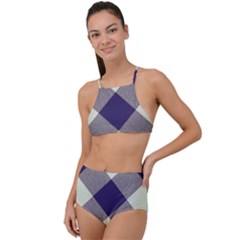 Dark Blue And White Diagonal Plaids High Waist Tankini Set by ConteMonfrey