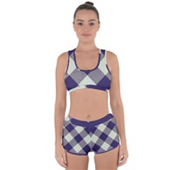 Dark Blue And White Diagonal Plaids Racerback Boyleg Bikini Set by ConteMonfrey