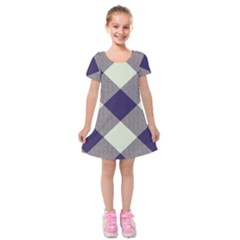 Dark Blue And White Diagonal Plaids Kids  Short Sleeve Velvet Dress by ConteMonfrey