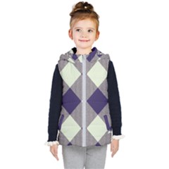 Dark Blue And White Diagonal Plaids Kids  Hooded Puffer Vest by ConteMonfrey