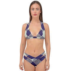 Dark Blue And White Diagonal Plaids Double Strap Halter Bikini Set by ConteMonfrey