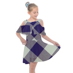 Dark Blue And White Diagonal Plaids Kids  Shoulder Cutout Chiffon Dress by ConteMonfrey