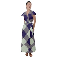 Dark Blue And White Diagonal Plaids Flutter Sleeve Maxi Dress by ConteMonfrey