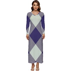 Dark Blue And White Diagonal Plaids Long Sleeve Velour Longline Maxi Dress by ConteMonfrey