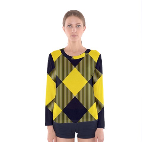 Dark Yellow Diagonal Plaids Women s Long Sleeve Tee by ConteMonfrey