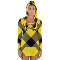 Dark Yellow Diagonal Plaids Long Sleeve Hooded T-shirt by ConteMonfrey