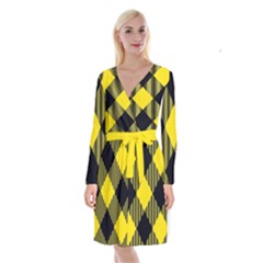 Dark Yellow Diagonal Plaids Long Sleeve Velvet Front Wrap Dress by ConteMonfrey