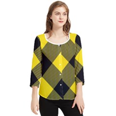 Dark Yellow Diagonal Plaids Chiffon Quarter Sleeve Blouse by ConteMonfrey