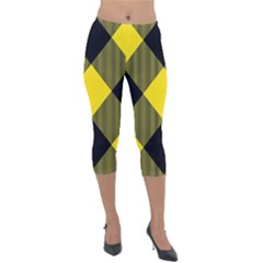 Dark Yellow Diagonal Plaids Lightweight Velour Capri Leggings  by ConteMonfrey