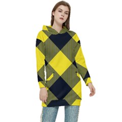 Dark Yellow Diagonal Plaids Women s Long Oversized Pullover Hoodie by ConteMonfrey