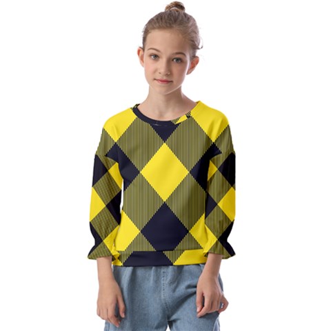 Dark Yellow Diagonal Plaids Kids  Cuff Sleeve Top by ConteMonfrey