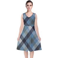 Black And Blue Iced Plaids  V-neck Midi Sleeveless Dress  by ConteMonfrey