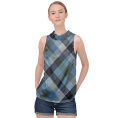 Black And Blue Iced Plaids  High Neck Satin Top by ConteMonfrey