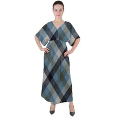 Black And Blue Iced Plaids  V-neck Boho Style Maxi Dress by ConteMonfrey