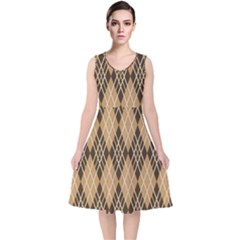 Coffee Diagonal Plaids V-neck Midi Sleeveless Dress  by ConteMonfrey