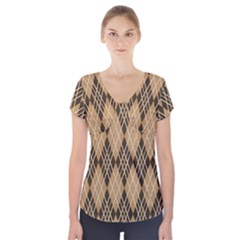 Coffee Diagonal Plaids Short Sleeve Front Detail Top by ConteMonfrey