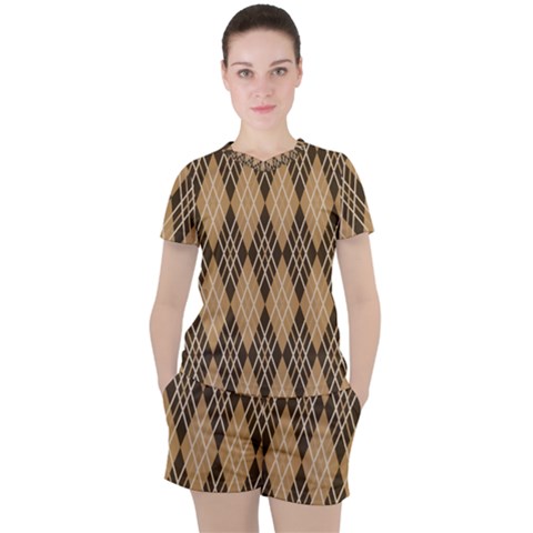 Coffee Diagonal Plaids Women s Tee And Shorts Set by ConteMonfrey