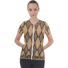 Coffee Diagonal Plaids Short Sleeve Zip Up Jacket by ConteMonfrey