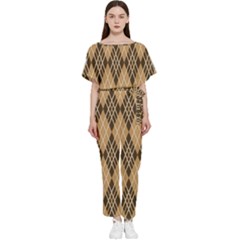 Coffee Diagonal Plaids Batwing Lightweight Chiffon Jumpsuit