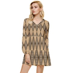 Coffee Diagonal Plaids Tiered Long Sleeve Mini Dress by ConteMonfrey