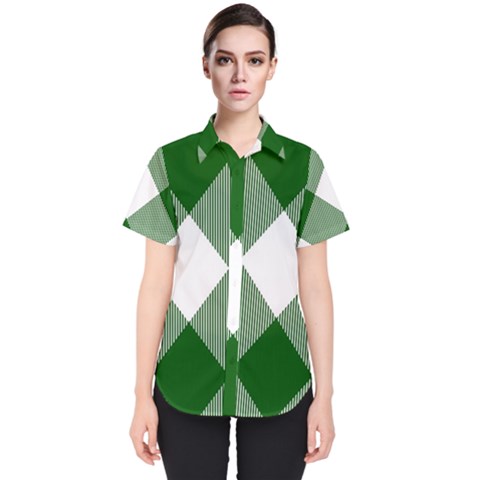 Green And White Diagonal Plaids Women s Short Sleeve Shirt by ConteMonfrey