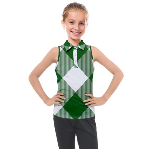 Green And White Diagonal Plaids Kids  Sleeveless Polo Tee by ConteMonfrey