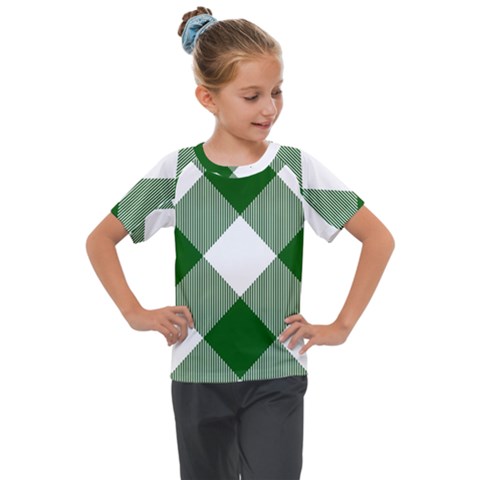 Green And White Diagonal Plaids Kids  Mesh Piece Tee by ConteMonfrey