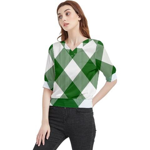 Green And White Diagonal Plaids Quarter Sleeve Blouse by ConteMonfrey