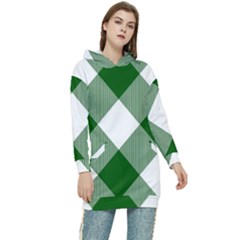 Green And White Diagonal Plaids Women s Long Oversized Pullover Hoodie by ConteMonfrey