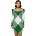 Green and white diagonal plaids Women Long Sleeve Ruched Stretch Jersey Dress View1