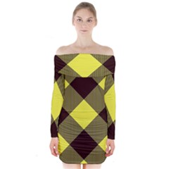 Black And Yellow Plaids Diagonal Long Sleeve Off Shoulder Dress by ConteMonfrey