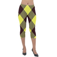 Black And Yellow Plaids Diagonal Lightweight Velour Capri Leggings  by ConteMonfrey