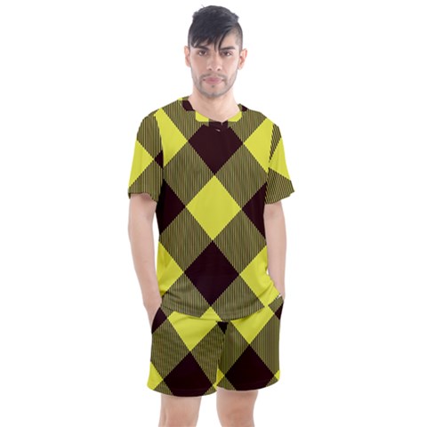 Black And Yellow Plaids Diagonal Men s Mesh Tee And Shorts Set by ConteMonfrey