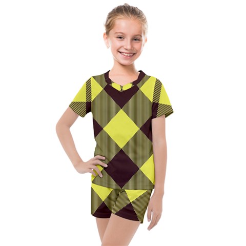 Black And Yellow Plaids Diagonal Kids  Mesh Tee And Shorts Set by ConteMonfrey