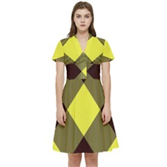 Black And Yellow Plaids Diagonal Short Sleeve Waist Detail Dress by ConteMonfrey