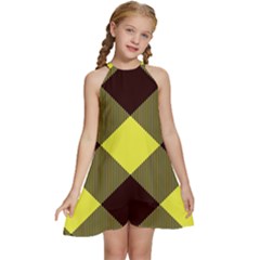 Black And Yellow Plaids Diagonal Kids  Halter Collar Waist Tie Chiffon Dress by ConteMonfrey