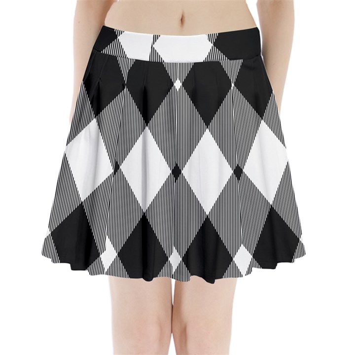 Black and white diagonal plaids Pleated Mini Skirt