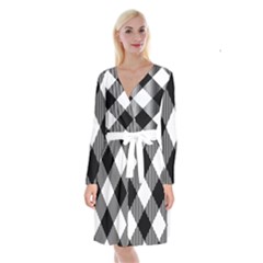 Black And White Diagonal Plaids Long Sleeve Velvet Front Wrap Dress by ConteMonfrey