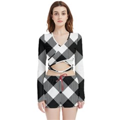 Black And White Diagonal Plaids Velvet Wrap Crop Top And Shorts Set by ConteMonfrey