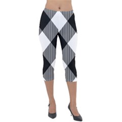 Black And White Diagonal Plaids Lightweight Velour Capri Leggings  by ConteMonfrey