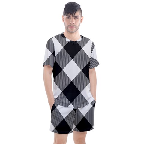 Black And White Diagonal Plaids Men s Mesh Tee And Shorts Set by ConteMonfrey