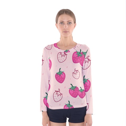 Seamless-strawberry-fruit-pattern-background Women s Long Sleeve Tee by Wegoenart