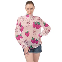 Seamless-strawberry-fruit-pattern-background High Neck Long Sleeve Chiffon Top by Wegoenart