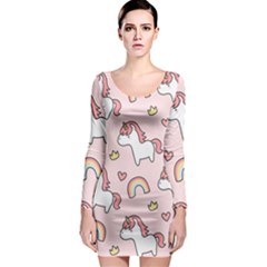 Cute-unicorn-rainbow-seamless-pattern-background Long Sleeve Bodycon Dress by Wegoenart