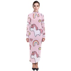 Cute-unicorn-rainbow-seamless-pattern-background Turtleneck Maxi Dress by Wegoenart