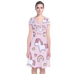 Cute-unicorn-rainbow-seamless-pattern-background Short Sleeve Front Wrap Dress by Wegoenart