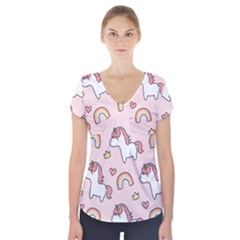 Cute-unicorn-rainbow-seamless-pattern-background Short Sleeve Front Detail Top by Wegoenart