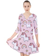 Cute-unicorn-rainbow-seamless-pattern-background Quarter Sleeve Front Wrap Dress by Wegoenart