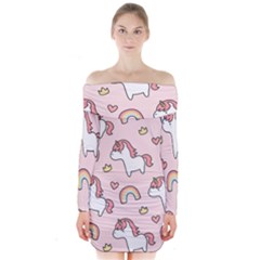 Cute-unicorn-rainbow-seamless-pattern-background Long Sleeve Off Shoulder Dress by Wegoenart